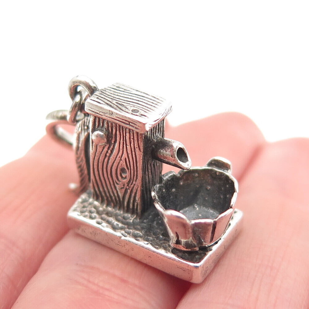 925 Sterling Silver Vintage Water Pump & Bucket Spring Ring Lock 3D Mini Pendant